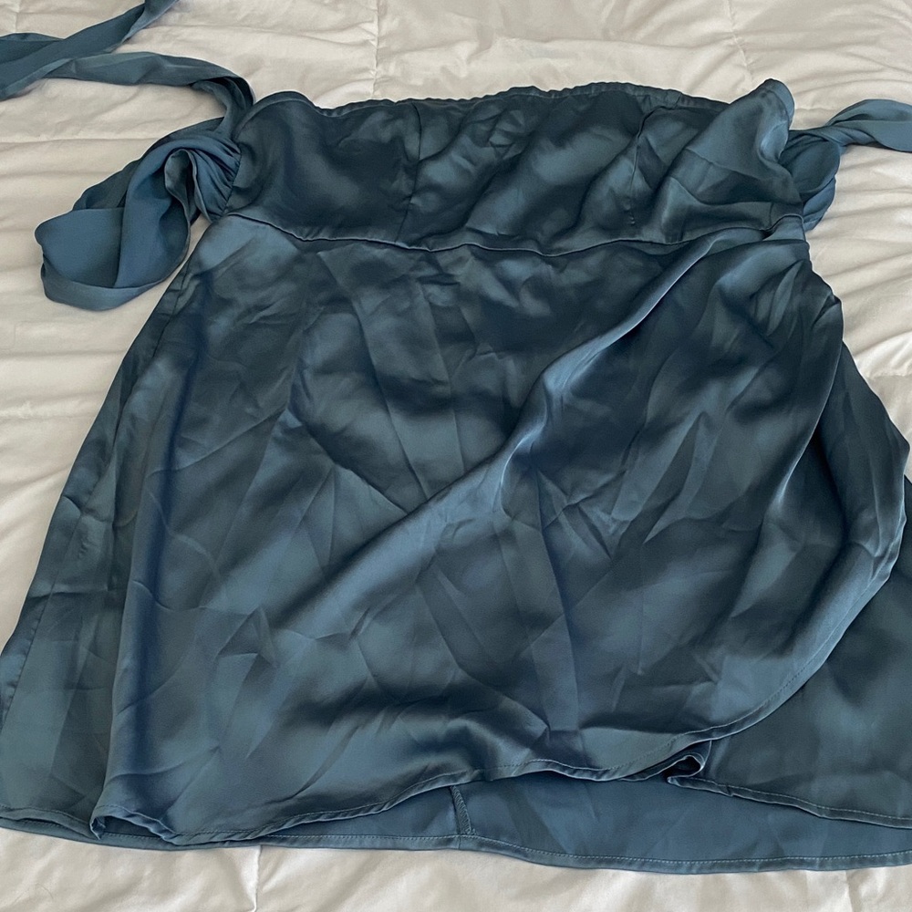 Cider Sky Blue strapless silk dress with tie in the back.
